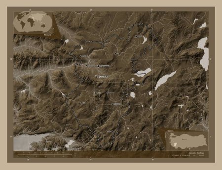 Photo for Denizli, province of Turkiye. Elevation map colored in sepia tones with lakes and rivers. Locations and names of major cities of the region. Corner auxiliary location maps - Royalty Free Image
