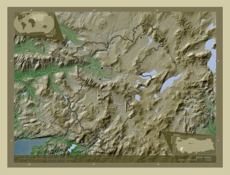 Foto de Denizli, provincia de Turkiye. Mapa de elevación coloreado en estilo wiki con lagos y ríos. Ubicaciones y nombres de las principales ciudades de la región. Mapas de ubicación auxiliares de esquina - Imagen libre de derechos