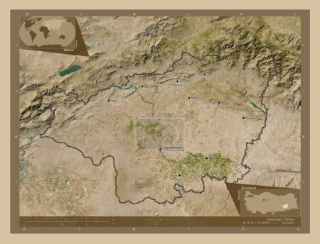 Foto de Diyarbakir, province of Turkiye. Low resolution satellite map. Locations and names of major cities of the region. Corner auxiliary location maps - Imagen libre de derechos