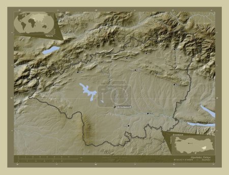 Téléchargez les photos : Diyarbakir, province of Turkiye. Elevation map colored in wiki style with lakes and rivers. Locations and names of major cities of the region. Corner auxiliary location maps - en image libre de droit