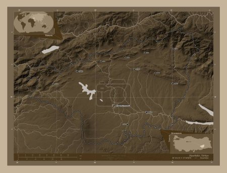 Photo for Diyarbakir, province of Turkiye. Elevation map colored in sepia tones with lakes and rivers. Locations and names of major cities of the region. Corner auxiliary location maps - Royalty Free Image