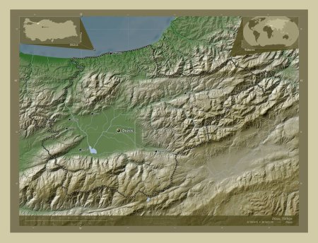 Téléchargez les photos : Duzce, province de Turkiye. Carte d'altitude colorée dans le style wiki avec des lacs et des rivières. Emplacements et noms des grandes villes de la région. Corner cartes de localisation auxiliaires - en image libre de droit