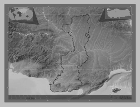 Photo for Edirne, province of Turkiye. Grayscale elevation map with lakes and rivers. Corner auxiliary location maps - Royalty Free Image
