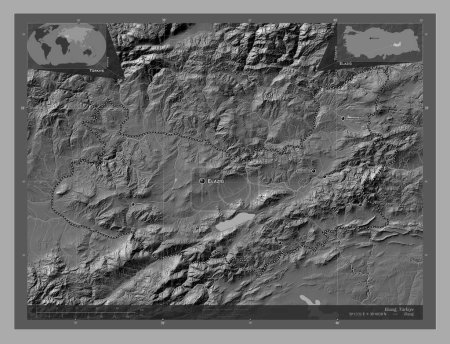 Foto de Elazg, provincia de Turkiye. Mapa de elevación de Bilevel con lagos y ríos. Ubicaciones y nombres de las principales ciudades de la región. Mapas de ubicación auxiliares de esquina - Imagen libre de derechos