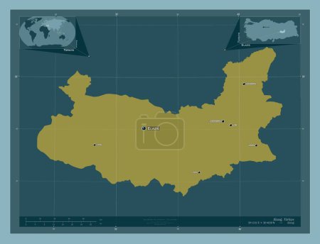Foto de Elazg, provincia de Turkiye. Forma de color sólido. Ubicaciones y nombres de las principales ciudades de la región. Mapas de ubicación auxiliares de esquina - Imagen libre de derechos
