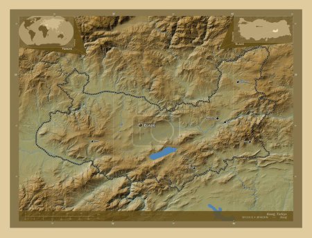 Photo for Elazg, province of Turkiye. Colored elevation map with lakes and rivers. Locations and names of major cities of the region. Corner auxiliary location maps - Royalty Free Image