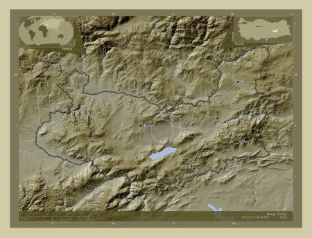 Foto de Elazg, provincia de Turkiye. Mapa de elevación coloreado en estilo wiki con lagos y ríos. Ubicaciones y nombres de las principales ciudades de la región. Mapas de ubicación auxiliares de esquina - Imagen libre de derechos