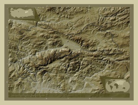 Téléchargez les photos : Erzincan, province of Turkiye. Elevation map colored in wiki style with lakes and rivers. Corner auxiliary location maps - en image libre de droit