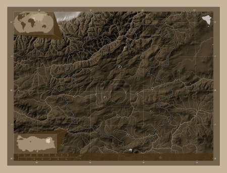 Téléchargez les photos : Erzurum, province of Turkiye. Elevation map colored in sepia tones with lakes and rivers. Locations of major cities of the region. Corner auxiliary location maps - en image libre de droit