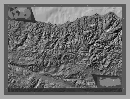Foto de Giresun, province of Turkiye. Bilevel elevation map with lakes and rivers. Locations of major cities of the region. Corner auxiliary location maps - Imagen libre de derechos