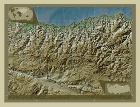 Foto de Giresun, provincia de Turkiye. Mapa de elevación coloreado en estilo wiki con lagos y ríos. Ubicaciones de las principales ciudades de la región. Mapas de ubicación auxiliares de esquina - Imagen libre de derechos
