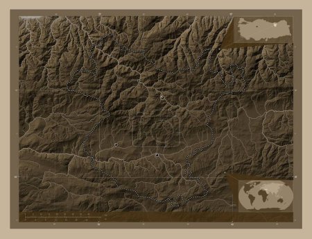 Photo for Gumushane, province of Turkiye. Elevation map colored in sepia tones with lakes and rivers. Locations of major cities of the region. Corner auxiliary location maps - Royalty Free Image