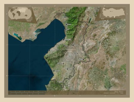 Foto de Hatay, provincia de Turkiye. Mapa satelital de alta resolución. Ubicaciones y nombres de las principales ciudades de la región. Mapas de ubicación auxiliares de esquina - Imagen libre de derechos