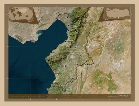 Photo for Hatay, province of Turkiye. Low resolution satellite map. Locations and names of major cities of the region. Corner auxiliary location maps - Royalty Free Image