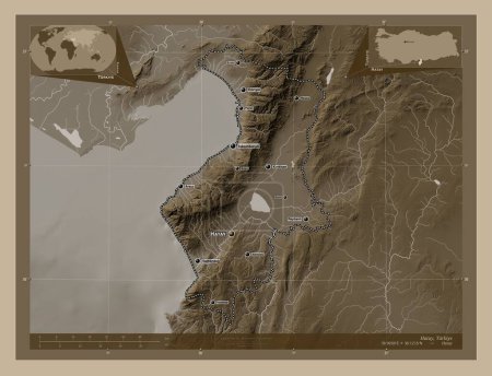 Téléchargez les photos : Hatay, province de Turkiye. Carte d'altitude colorée dans des tons sépia avec des lacs et des rivières. Emplacements et noms des grandes villes de la région. Corner cartes de localisation auxiliaires - en image libre de droit