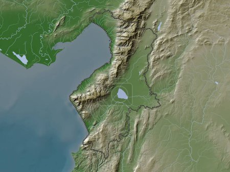 Téléchargez les photos : Hatay, province de Turkiye. Carte d'altitude colorée dans le style wiki avec des lacs et des rivières - en image libre de droit