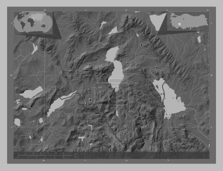 Téléchargez les photos : Isparta, province of Turkiye. Grayscale elevation map with lakes and rivers. Locations of major cities of the region. Corner auxiliary location maps - en image libre de droit