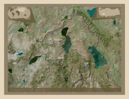 Téléchargez les photos : Isparta, province de Turkiye. Carte satellite haute résolution. Emplacements des grandes villes de la région. Corner cartes de localisation auxiliaires - en image libre de droit