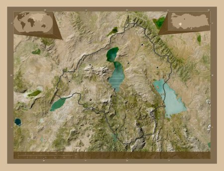 Téléchargez les photos : Isparta, province de Turkiye. Carte satellite basse résolution. Emplacements des grandes villes de la région. Corner cartes de localisation auxiliaires - en image libre de droit