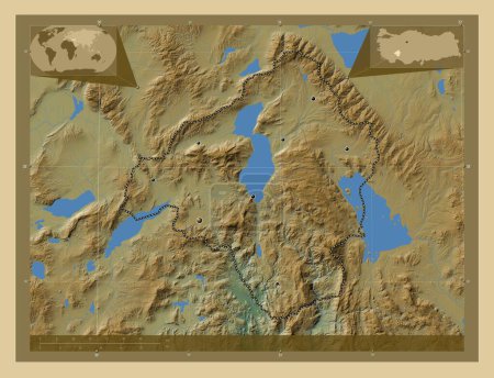 Téléchargez les photos : Isparta, province de Turkiye. Carte d'altitude colorée avec lacs et rivières. Emplacements des grandes villes de la région. Corner cartes de localisation auxiliaires - en image libre de droit