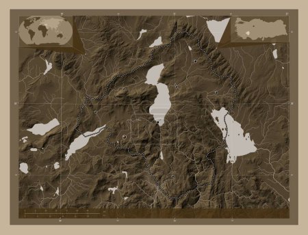 Foto de Isparta, provincia de Turkiye. Mapa de elevación coloreado en tonos sepia con lagos y ríos. Ubicaciones de las principales ciudades de la región. Mapas de ubicación auxiliares de esquina - Imagen libre de derechos