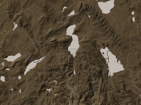Téléchargez les photos : Isparta, province de Turkiye. Carte d'altitude colorée dans des tons sépia avec des lacs et des rivières - en image libre de droit