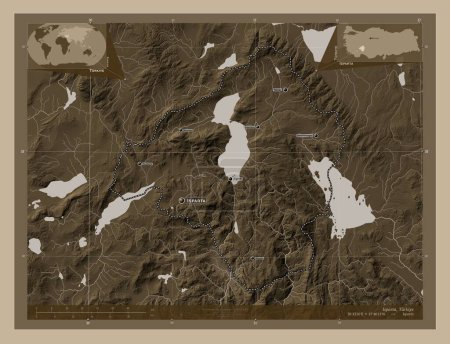 Téléchargez les photos : Isparta, province de Turkiye. Carte d'altitude colorée dans des tons sépia avec des lacs et des rivières. Emplacements et noms des grandes villes de la région. Corner cartes de localisation auxiliaires - en image libre de droit