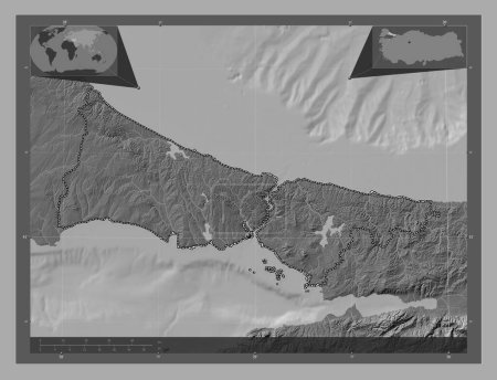 Photo for Istanbul, province of Turkiye. Bilevel elevation map with lakes and rivers. Locations of major cities of the region. Corner auxiliary location maps - Royalty Free Image