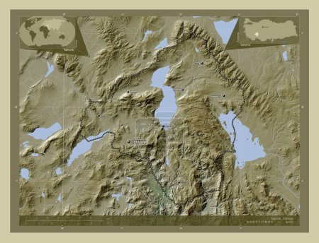 Téléchargez les photos : Isparta, province de Turkiye. Carte d'altitude colorée dans le style wiki avec des lacs et des rivières. Emplacements et noms des grandes villes de la région. Corner cartes de localisation auxiliaires - en image libre de droit