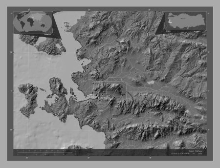 Foto de Izmir, provincia de Turkiye. Mapa de elevación de Bilevel con lagos y ríos. Ubicaciones y nombres de las principales ciudades de la región. Mapas de ubicación auxiliares de esquina - Imagen libre de derechos
