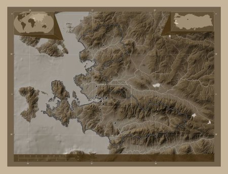 Photo for Izmir, province of Turkiye. Elevation map colored in sepia tones with lakes and rivers. Locations of major cities of the region. Corner auxiliary location maps - Royalty Free Image