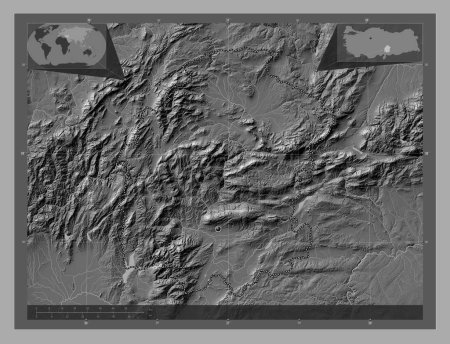 Téléchargez les photos : Kahramanmaras, province of Turkiye. Bilevel elevation map with lakes and rivers. Corner auxiliary location maps - en image libre de droit