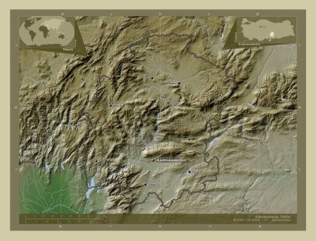 Foto de Kahramanmaras, provincia de Turkiye. Mapa de elevación coloreado en estilo wiki con lagos y ríos. Ubicaciones y nombres de las principales ciudades de la región. Mapas de ubicación auxiliares de esquina - Imagen libre de derechos