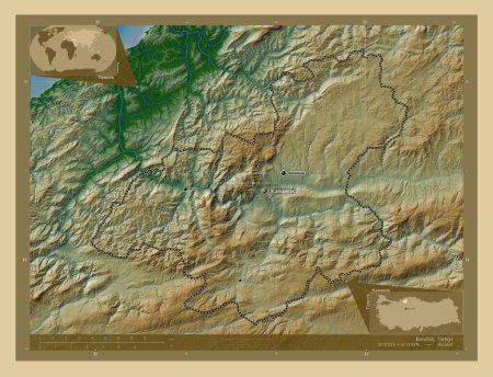 Téléchargez les photos : Karabuk, province de Turkiye. Carte d'altitude colorée avec lacs et rivières. Emplacements et noms des grandes villes de la région. Corner cartes de localisation auxiliaires - en image libre de droit