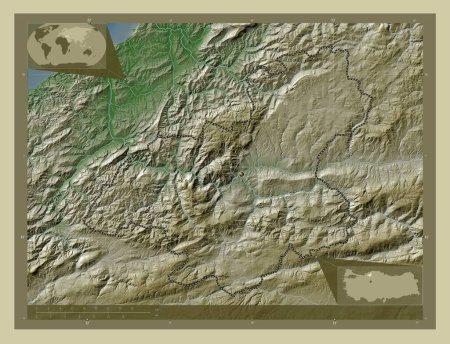 Téléchargez les photos : Karabuk, province de Turkiye. Carte d'altitude colorée dans le style wiki avec des lacs et des rivières. Corner cartes de localisation auxiliaires - en image libre de droit