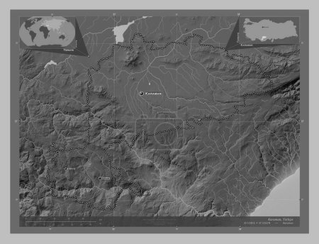 Téléchargez les photos : Karaman, province of Turkiye. Grayscale elevation map with lakes and rivers. Locations and names of major cities of the region. Corner auxiliary location maps - en image libre de droit
