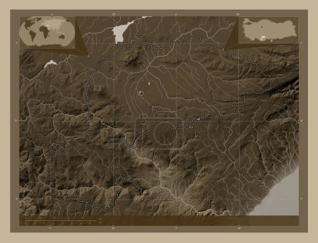 Photo for Karaman, province of Turkiye. Elevation map colored in sepia tones with lakes and rivers. Corner auxiliary location maps - Royalty Free Image