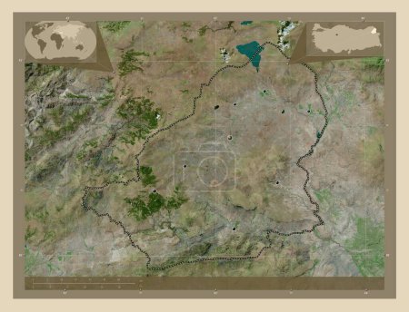Téléchargez les photos : Kars, province de Turkiye. Carte satellite haute résolution. Emplacements des grandes villes de la région. Corner cartes de localisation auxiliaires - en image libre de droit