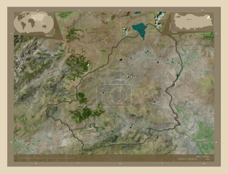 Foto de Kars, provincia de Turkiye. Mapa satelital de alta resolución. Ubicaciones y nombres de las principales ciudades de la región. Mapas de ubicación auxiliares de esquina - Imagen libre de derechos
