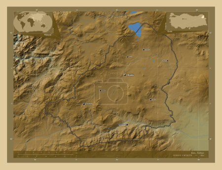 Foto de Kars, provincia de Turkiye. Mapa de elevación de colores con lagos y ríos. Ubicaciones y nombres de las principales ciudades de la región. Mapas de ubicación auxiliares de esquina - Imagen libre de derechos