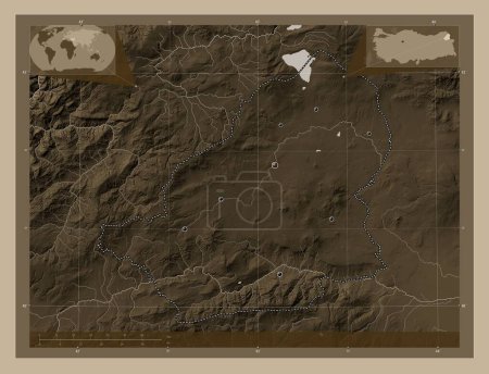 Photo for Kars, province of Turkiye. Elevation map colored in sepia tones with lakes and rivers. Locations of major cities of the region. Corner auxiliary location maps - Royalty Free Image