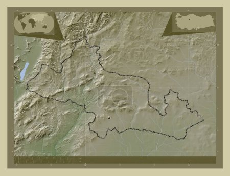 Téléchargez les photos : Kilis, province de Turkiye. Carte d'altitude colorée dans le style wiki avec des lacs et des rivières. Corner cartes de localisation auxiliaires - en image libre de droit