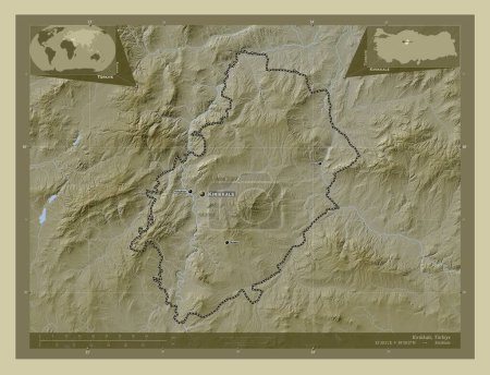 Foto de Krkkale, provincia de Turkiye. Mapa de elevación coloreado en estilo wiki con lagos y ríos. Ubicaciones y nombres de las principales ciudades de la región. Mapas de ubicación auxiliares de esquina - Imagen libre de derechos