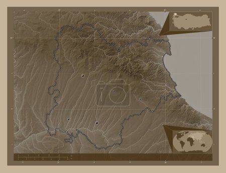 Photo for Kirklareli, province of Turkiye. Elevation map colored in sepia tones with lakes and rivers. Locations of major cities of the region. Corner auxiliary location maps - Royalty Free Image