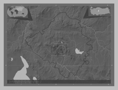 Photo for Krsehir, province of Turkiye. Grayscale elevation map with lakes and rivers. Corner auxiliary location maps - Royalty Free Image