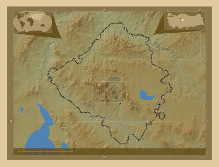 Téléchargez les photos : Krsehir, province of Turkiye. Colored elevation map with lakes and rivers. Corner auxiliary location maps - en image libre de droit