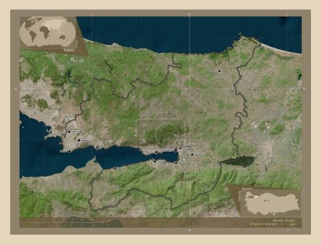 Foto de Kocaeli, provincia de Turkiye. Mapa satelital de alta resolución. Ubicaciones y nombres de las principales ciudades de la región. Mapas de ubicación auxiliares de esquina - Imagen libre de derechos
