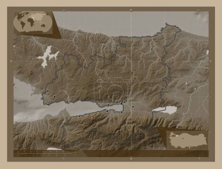 Photo for Kocaeli, province of Turkiye. Elevation map colored in sepia tones with lakes and rivers. Locations of major cities of the region. Corner auxiliary location maps - Royalty Free Image