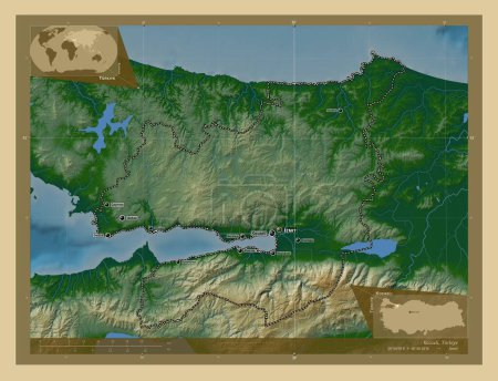 Foto de Kocaeli, provincia de Turkiye. Mapa de elevación de colores con lagos y ríos. Ubicaciones y nombres de las principales ciudades de la región. Mapas de ubicación auxiliares de esquina - Imagen libre de derechos