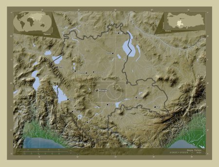Téléchargez les photos : Konya, province de Turkiye. Carte d'altitude colorée dans le style wiki avec des lacs et des rivières. Emplacements et noms des grandes villes de la région. Corner cartes de localisation auxiliaires - en image libre de droit